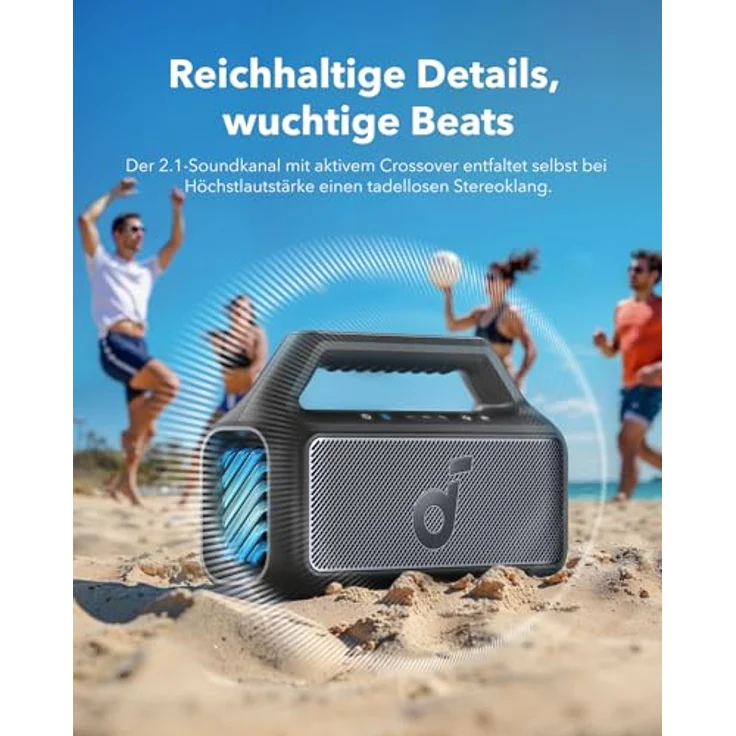 soundcore by Anker, Boom 2 Outdoor-Lautsprecher, 80W, Subwoofer, BassUp 2.0, 24h Akku, IPX7 Wasserdicht & Schwimmt, LED-Licht, USB-C, EQ, BT 5.3, Mobiler Bluetooth-Speaker, Camping, Strand, Garten, Schwarz – Bild 3