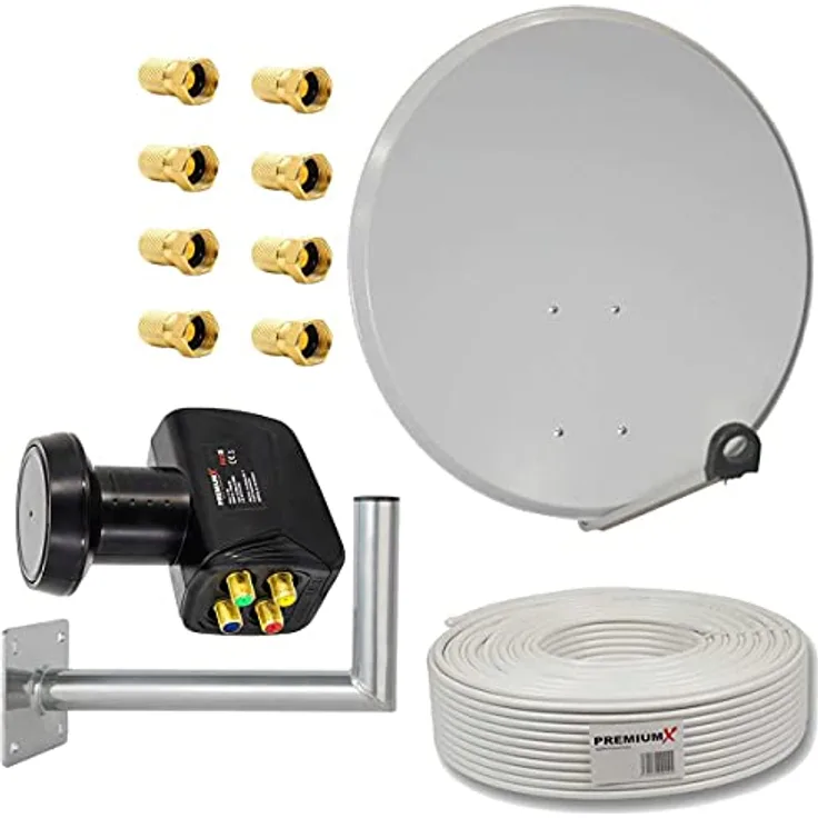 PremiumX PXS80 Satelliten-Komplettanlage 80cm, Hellgrau, mit Quad LNB für 4 Teilnehmer, 50m Koaxialkabel und Wandhalterung
