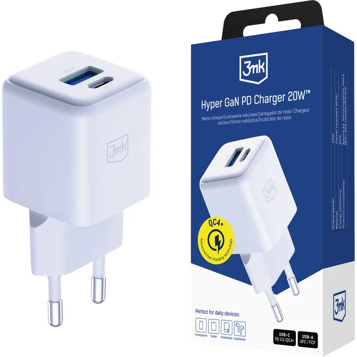 3mk Hyper GaN Charger 20W QC4+ PD PPS, USB-C und USB-A, Weiß