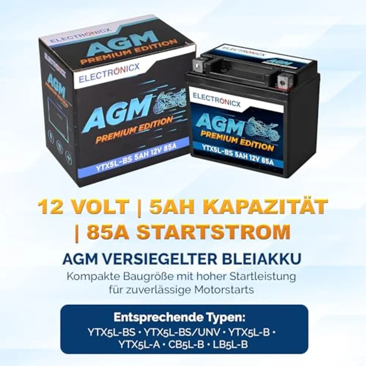 Electronicx AGM YTX5L-BS Motorradbatterie 5Ah 12V - wartungsfrei, rüttelfest, auslaufsicher für Motorrad, Roller und Quad – Bild 5