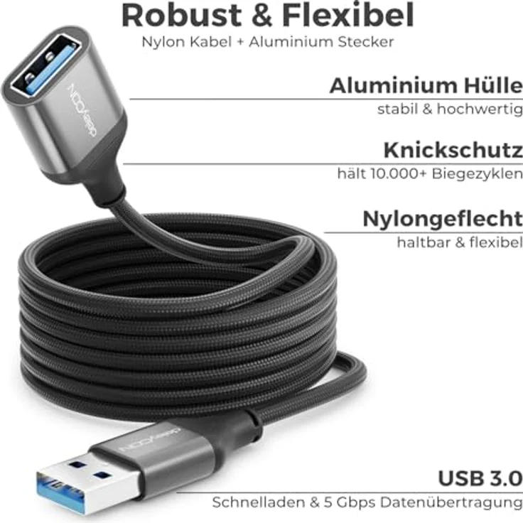 deleyCON 2x 1,5m USB 3.0 Verlängerungskabel, 5Gbps, A-Stecker auf A-Buchse, Aluminium Stecker, Nylon Kabel, kompatibel mit Tastatur, Drucker, Scanner, Kamera – Bild 4