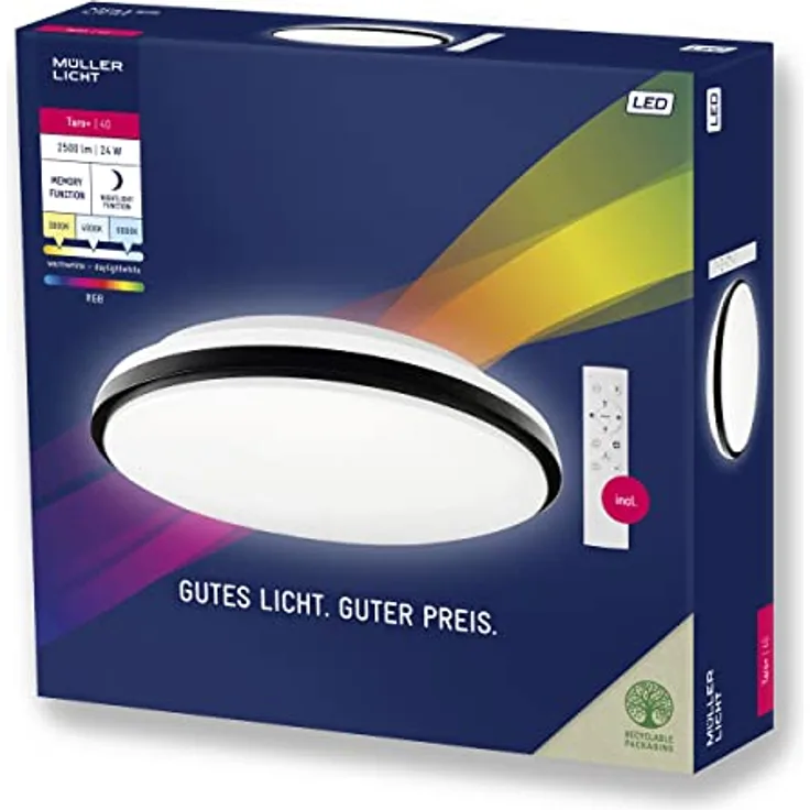 Müller-Licht Taro+ RGB LED Deckenlampe Ø40, 24 W, Nachtlichtmodus, Timerfunktion, inkl. Fernbedienung, rundes Panel, warmweiß bis tageslichtweiß