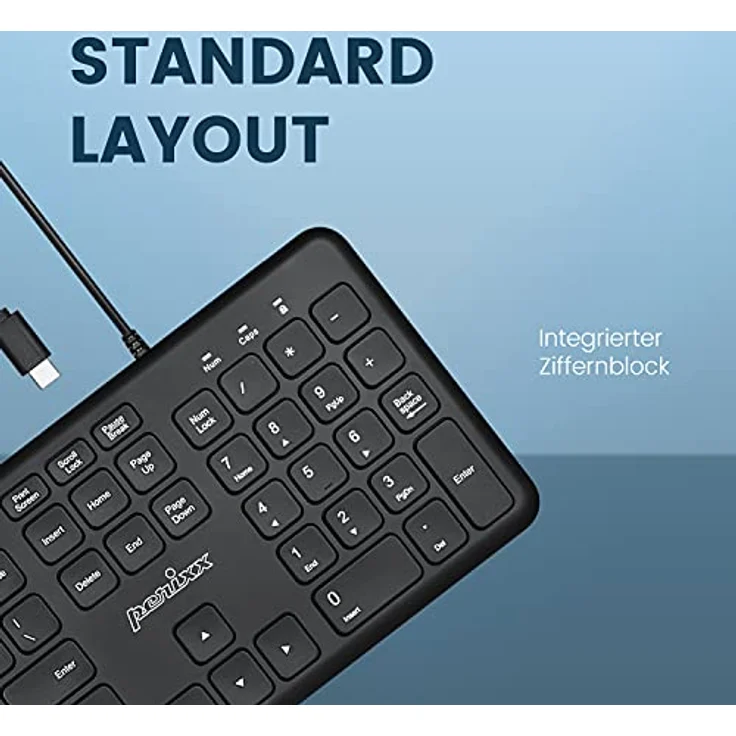 Perixx PERIBOARD-210C DE Kabelgebundene Standard USB-C Tastatur mit leisen Scherenstrukturtasten, Kompatibel mit Mac, iPad, Windows, Chromebook, Tablets und Desktop-PC, Schwarz, QWERTZ – Bild 5