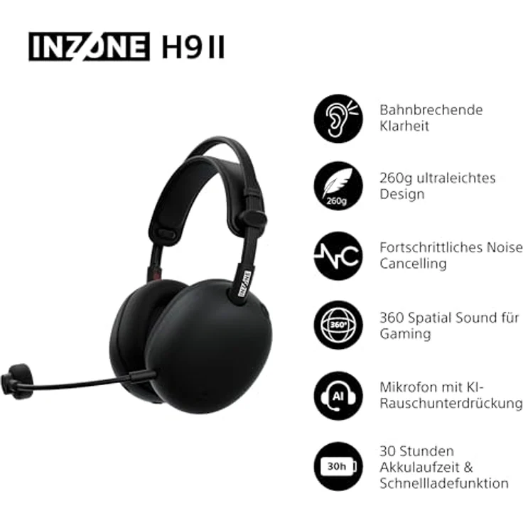 SONY INZONE H9 II, Over-ear Gaming-Headset mit Noise Cancelling, 360 Spatial Sound, 30 Stunden Akku, Bluetooth, Schwarz – Bild 2