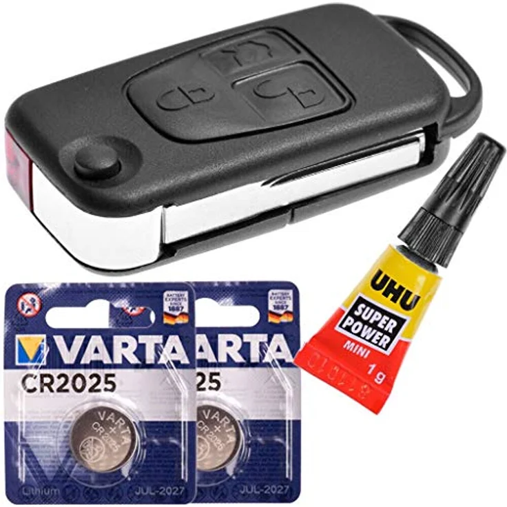 mt-key Auto Schlüssel 3 Tasten + HU44 Rohling + 1x UHU/Pattex Kleber + 2x VARTA CR2025 Knopfzelle für Mercedes Benz W163 R129 SL ML Funk Fernbedienung – Bild 1