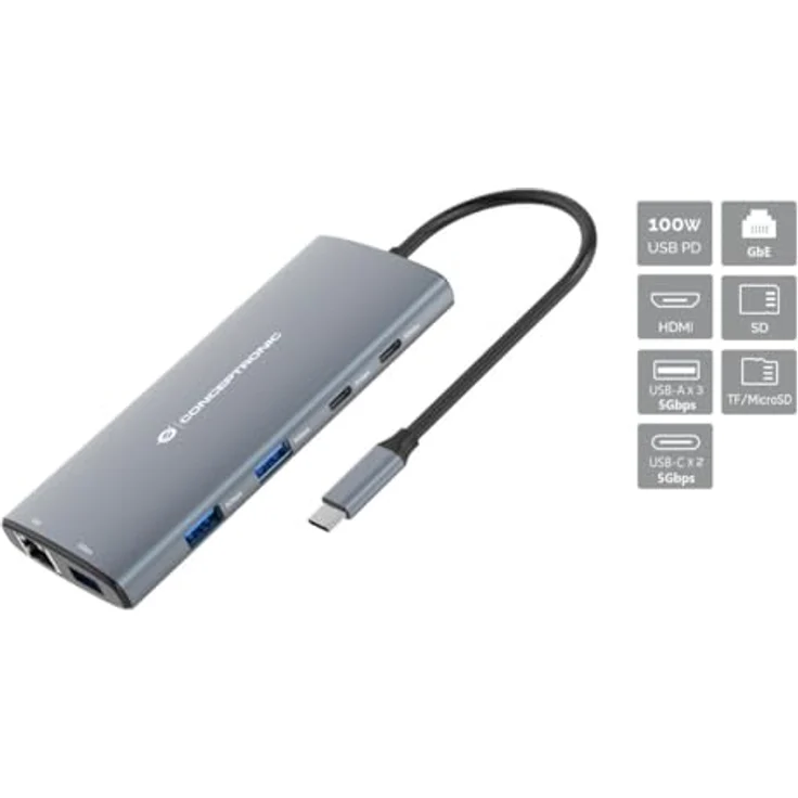 Conceptronic Dock USB-C->HDMI,2xUSB-C,100WPD, 20cm gr - 10-in-1 Multiport-Adapter mit 4K Auflösung, Gigabit Ethernet und SD/TF Slots – Bild 2