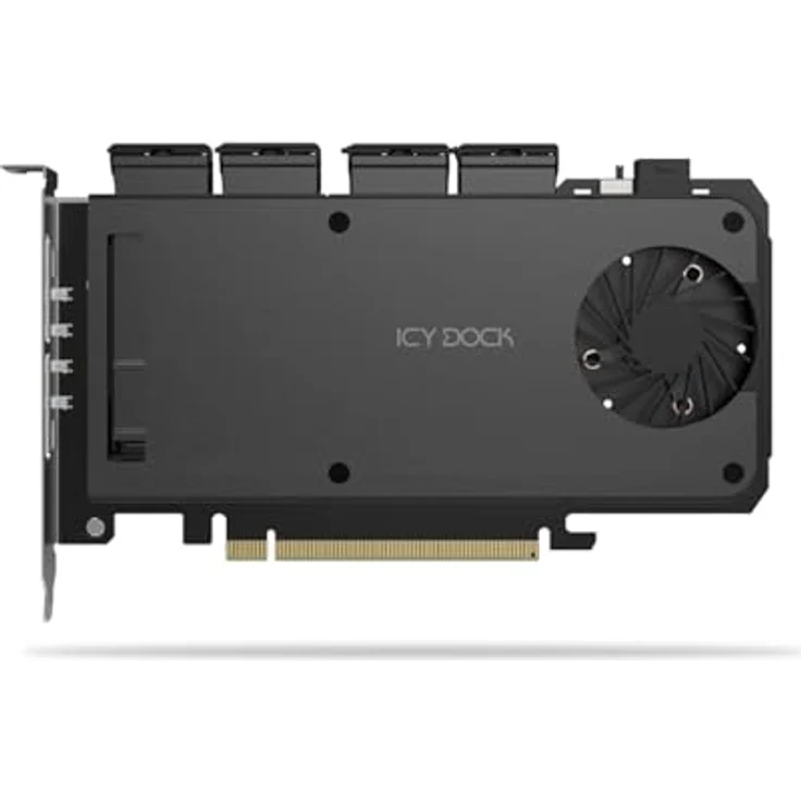 ICY DOCK 4-Bay M.2 NVMe SSD zu PCIe 5.0 x16 Wechselrahmen-Gehäuse/Adapterkarte für PCIe Erweiterungsslot (PCIe Bifurcation nötig) - ExpressSlot Slide MB204MP-B, 4x M.2 PCIe NVMe SSD Aufnahme, werkzeuglose Installation, Lüfter mit Ein/Aus-Schalter, ICY DOCK. – Bild 1