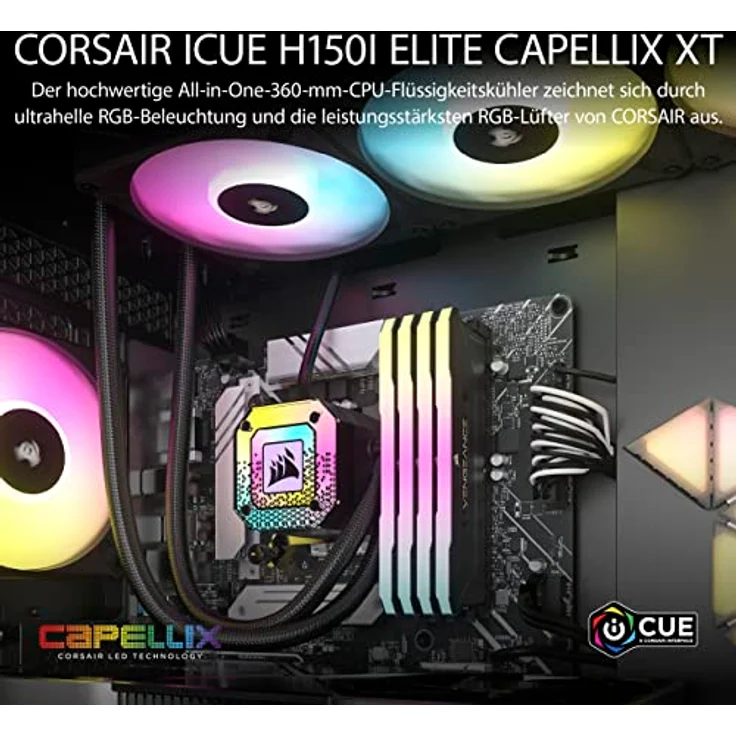 Corsair iCUE H150i ELITE CAPELLIX XT Liquid CPU Cooler - Drei AF120 RGB ELITE Lüfter - 360mm Radiator - Intel LGA 1700, 1200, 115X, 2066, AMD AM5, AM4 - Inklusive iCUE COMMANDER CORE - Schwarz – Bild 2