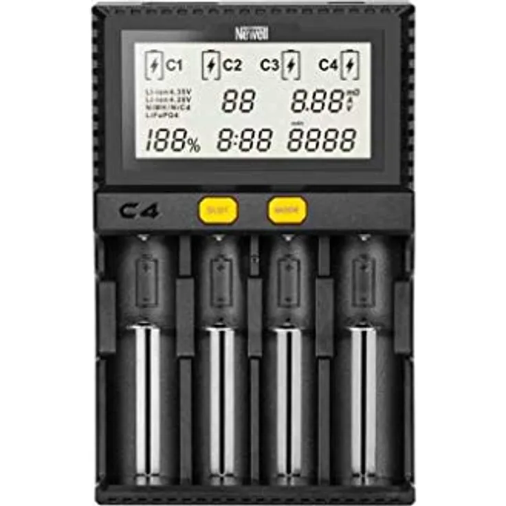 Newell C4 Supra Ladegerät für Typ C und 22650 Lithium-Ionen-Vierkanal-AkkusSicheres Aufladen des Akkus mit LCD-Display