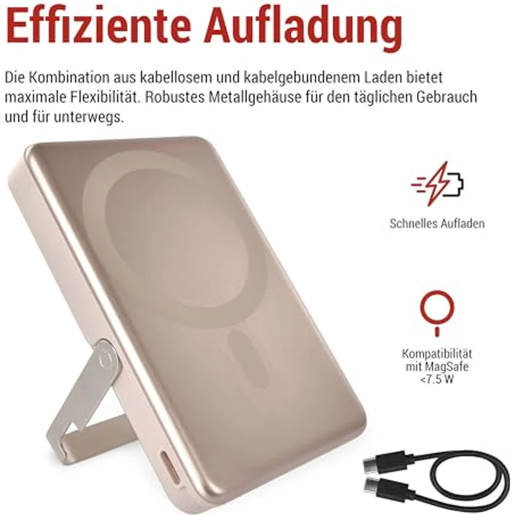 EMOS Powerbank WI 1031, 10.000 mAh, magnetischer externer Akku mit Passthrough und Wireless-Charging, USB-C-Port, Rosagold – Bild 2