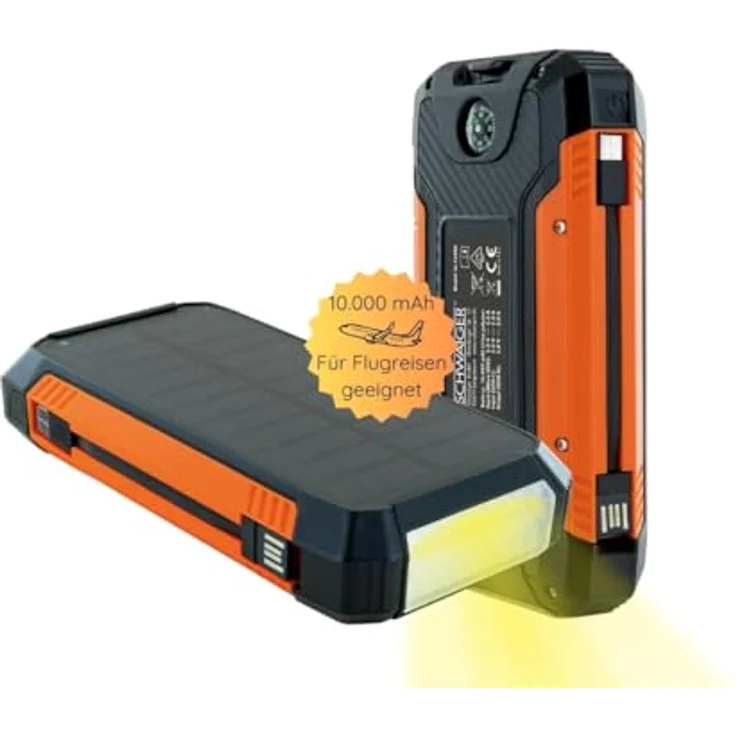 SCHWAIGER SL1000 Solar Powerbank 10.000 mAh Solar-Taschenlampe Solar-Ladegerät Ladestandanzeige Kompass USB-C USB-A Micro-B Camping Flugreise Survival – Bild 1