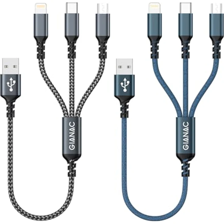GIANAC Multi USB Kabel 3 in 1, 2 Stück, 0.5m, Schnellladekabel mit Micro USB, USB C und Lightning, kompatibel mit iPhone, Android, Blau & Grau – Bild 1