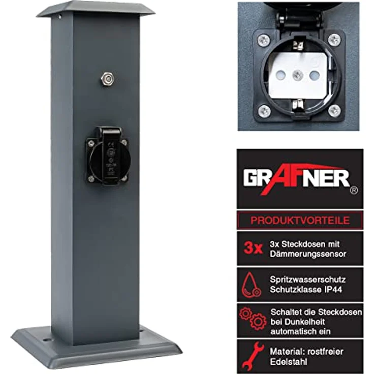 Grafner Steckdose Steckdosensäule anthrazit mit 4 Außensteckdosen Edelstahl Gartensteckdose Energiesäule – Bild 2