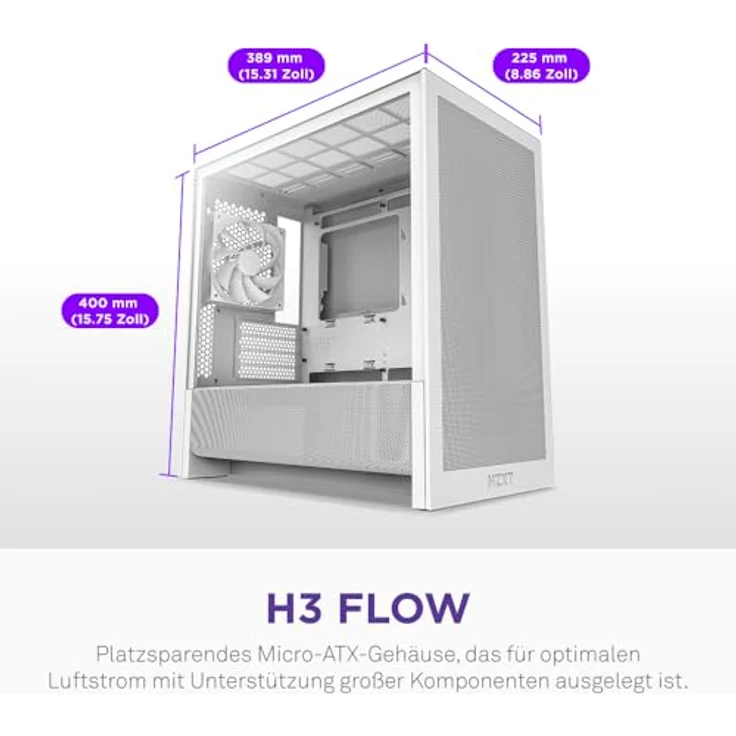 NZXT H3 Flow (2025), All White Midi Tower ATX Gaming Gehäuse mit Glasfenster, mATX/Mini-ITX, optimierte Luftzirkulation und Antistaubfilter – Bild 2