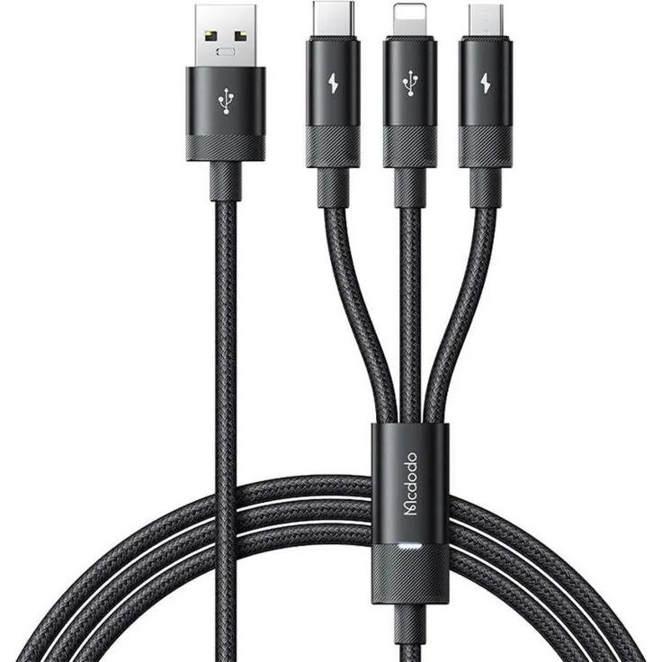 MCDODO CA-5790 3-in-1 USB Kabel, Schnellladung USB-C/Lightning/Micro-USB, 3,5 A, 1,2 m, schwarz