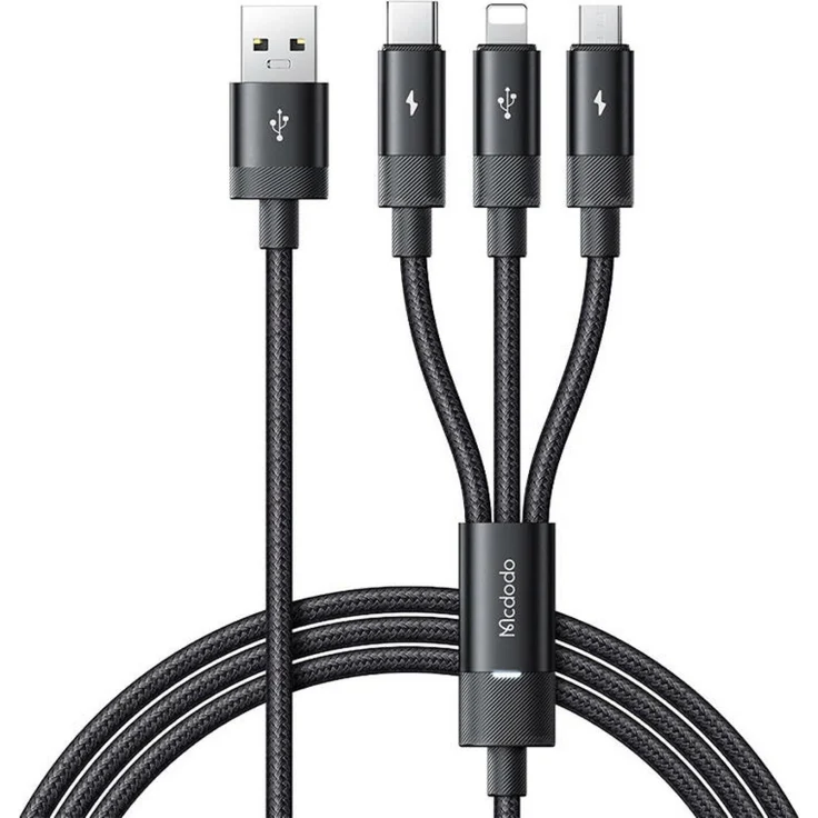 MCDODO CA-5790 3-in-1 USB Kabel, Schnellladung USB-C/Lightning/Micro-USB, 3,5 A, 1,2 m, schwarz