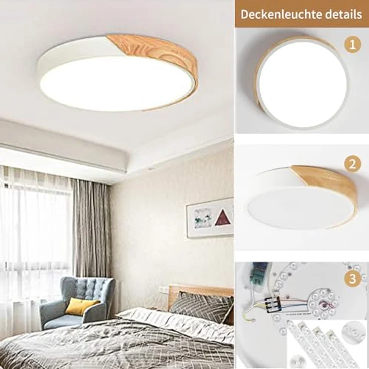 Style home 36W LED Deckenlampe, dimmbar mit Fernbedienung Ø40x4cm, Holz Runde Flach Leuchte, für Wohnzimmer Schlafzimmer Büro Küche Diele Flur, Warmweiß - Style home – Bild 3
