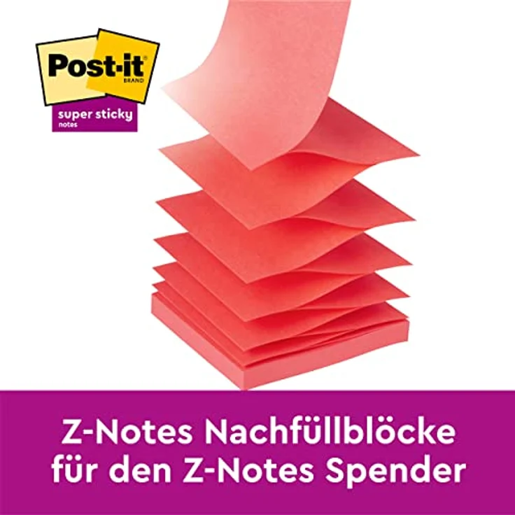 Post-it Super Sticky Z-Notes Haftnotizblock, 76x76 mm, extra starke Haftung, 16 Stück in immergrün, ultragelb, powerpink und paradiseblau – Bild 7