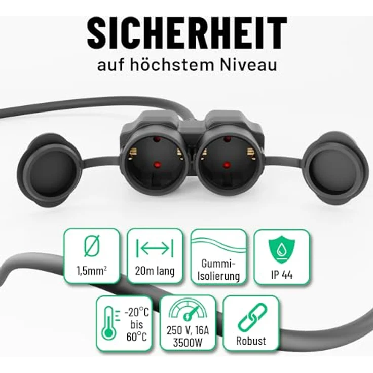 greate 2fach Verlängerungskabel außen 20 Meter - IP44 wasserdicht - 3500W - Schwarz – Bild 5