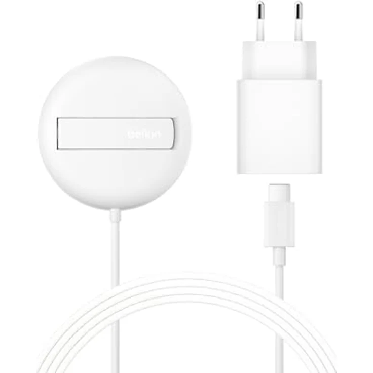 Belkin BoostCharge Pro Magnetisches Kabelloses Ladegerät (15W) mit Ständer, MagSafe und Qi2 für iPhone 16, Samsung Galaxy S25, AirPods – Weiß, mit 2m USB-C-Kabel und Netzteil – Bild 1