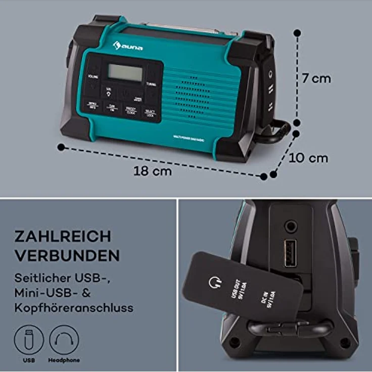 Auna Patagonia DAB+, Aufladbares DAB-Radio mit Bluetooth, LCD Display, Wecker, Akku und USB-Anschluss, Retro-Design, kompakt, wasserfest – Bild 6