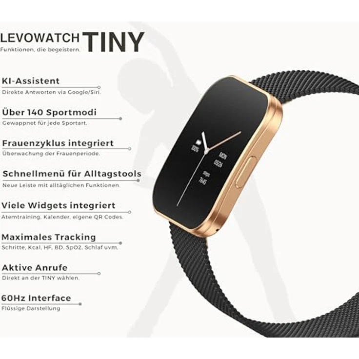 Levowatch Tiny Damen Smartwatch, 8mm dünn & Curved, mit AMOLED Always-On Display, Sprachsteuerung, wasserdicht, 3 Armbänder, Fitness-Tracker, Telefonfunktion – Bild 4