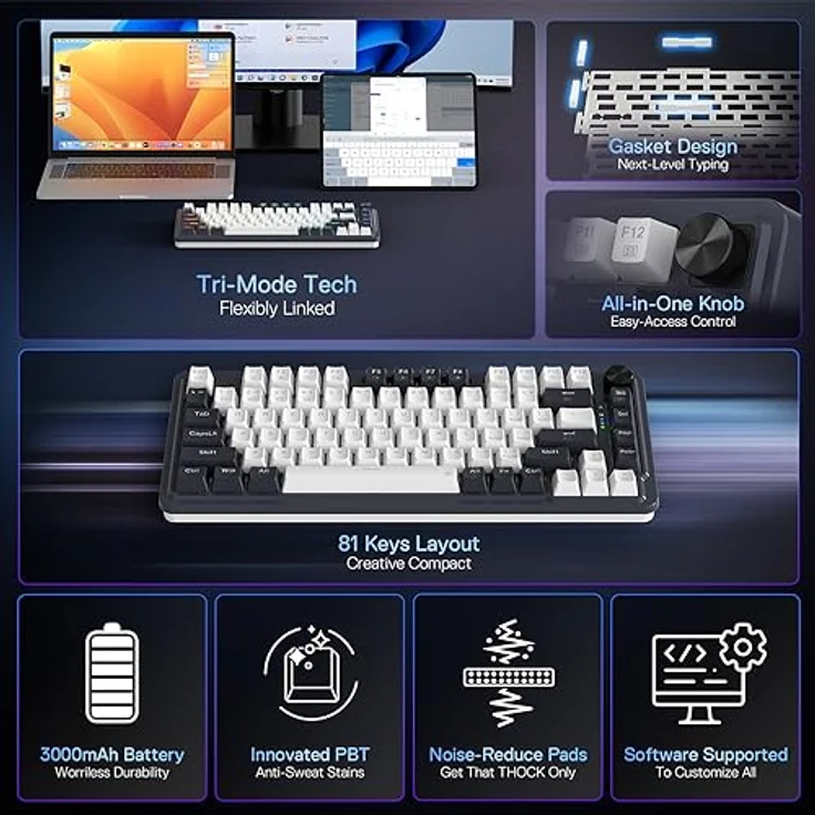 Redragon K673 PRO 75% Wireless Gasket RGB Gaming Tastatur, 81 Tasten Lineare Rote Schalter, Geräuschdämpfende Pads – Bild 2