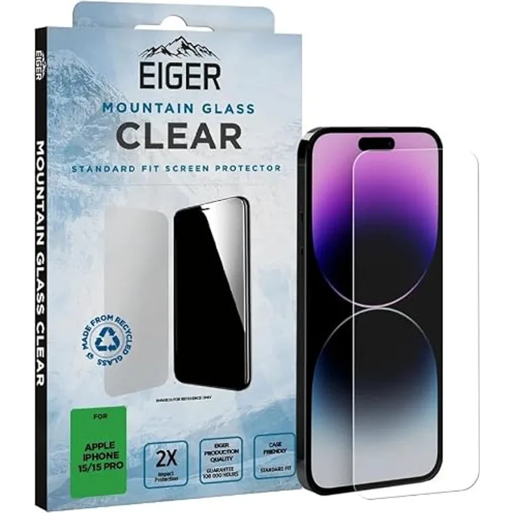 EIGER Eiger SP Mountain Glass Clear iPhone 15/15 Pro - Aluminosilikatglas, maximaler Kratz- und Fallschutz, recyceltes Glas