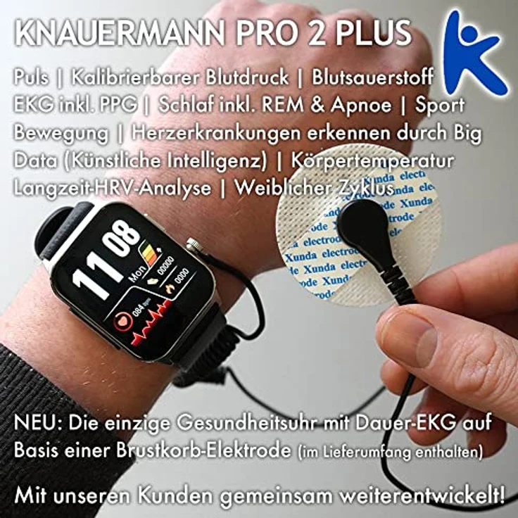Knauermann PRO 2 Plus, Smartwatch mit Lederarmband, EKG-Sensor, Blutsauerstoffmessung, Benachrichtigungen für Anrufe und Nachrichten – Bild 2