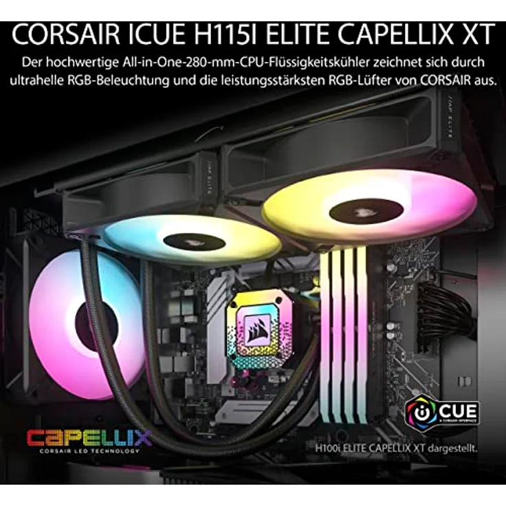 Corsair iCUE H115i Elite CAPELLIX XT Flüssig-CPU-Kühler - Zwei AF140 RGB Elite-Lüfter - 280-mm-Radiator - Intel LGA 1700, 1200, 115X, 2066, AMD AM5, AM4 - Inklusive iCUE Commander CORE - Schwarz – Bild 2
