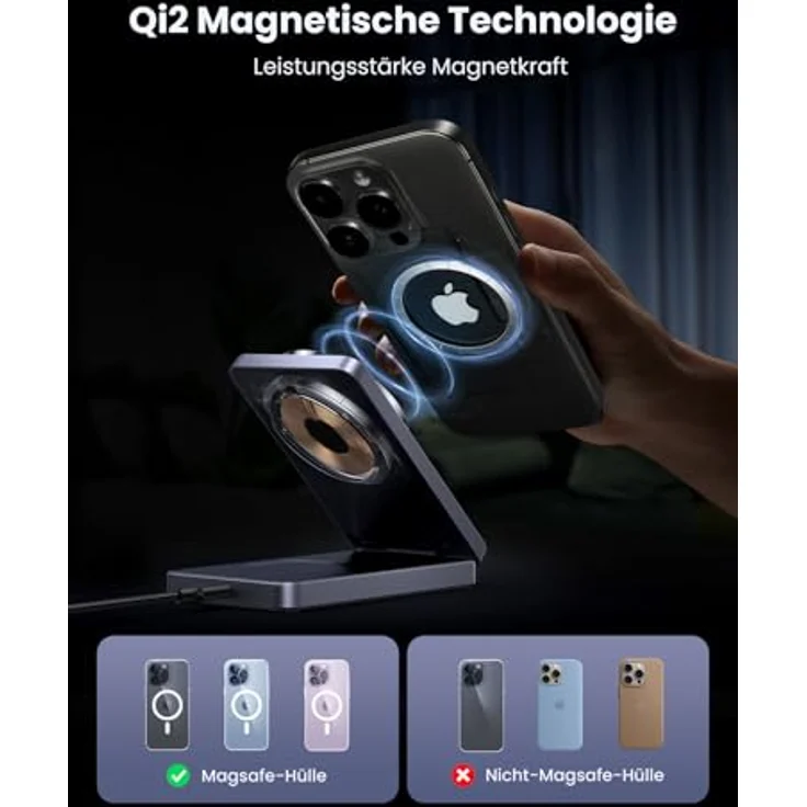 UGREEN MagFlow Qi2 zertifizierte 15W iPhone Ladestation, faltbares Wireless Charger für iPhone 16/15/14/13/12, AirPods 2/3, mit 1M Kabel – Bild 4