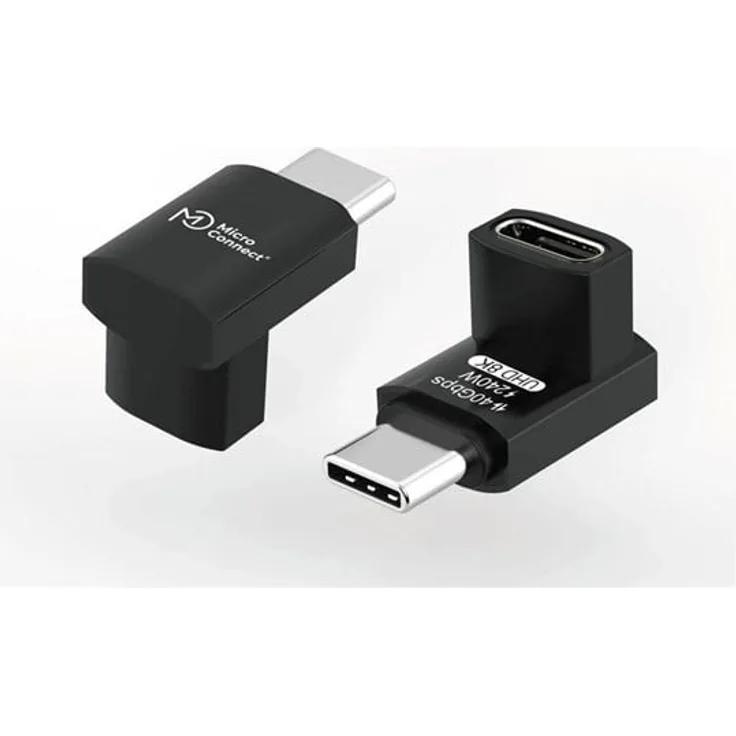 MicroConnect Premium - USB-C Adapter, 24 pin USB-C (M) gerade zu 24 pin USB-C (W) gewinkelt, USB4 Gen3x2, 40 Gbps, 240W Power Delivery, Aluminium