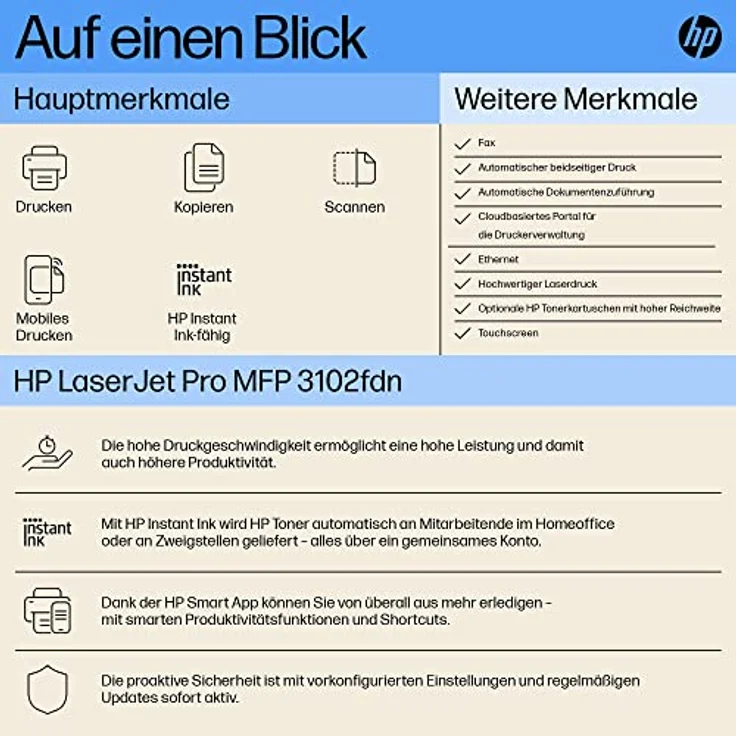 HP LaserJet Pro MFP 3102fdn Laserdrucker, Automatischer Duplex, Hohe Druckgeschwindigkeiten, Ethernet, USB Hi-Speed, HP Smart App, HP Instant Ink, Multifunktionsdrucker – Bild 2