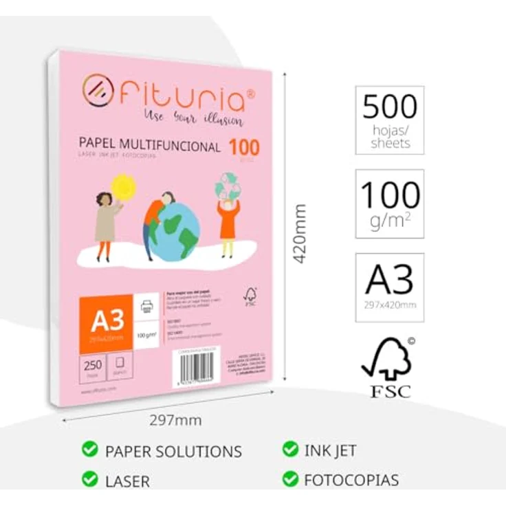 OFITURIA DIN A3 Druckerpapier, 500 Blatt, 100g/m², multifunktionales Kopierpapier für Laser- und Tintenstrahldrucker, weiß – Bild 2