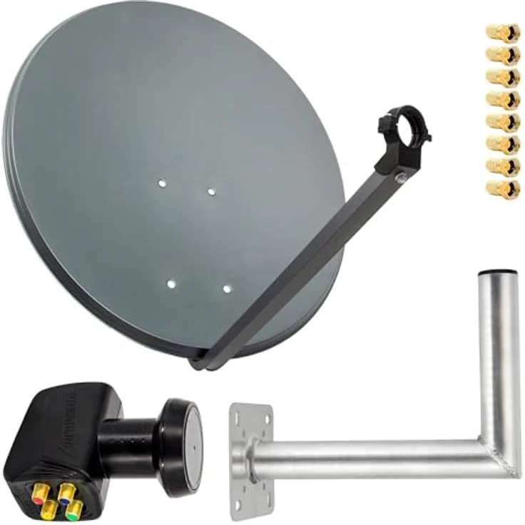 PremiumX Satelliten-Komplettanlage PXS80, 80 cm Satellitenschüssel in Anthrazit mit Quad LNB, 8x F-Stecker, Wandhalter 35 cm, für bis zu 4 Teilnehmer – Bild 1