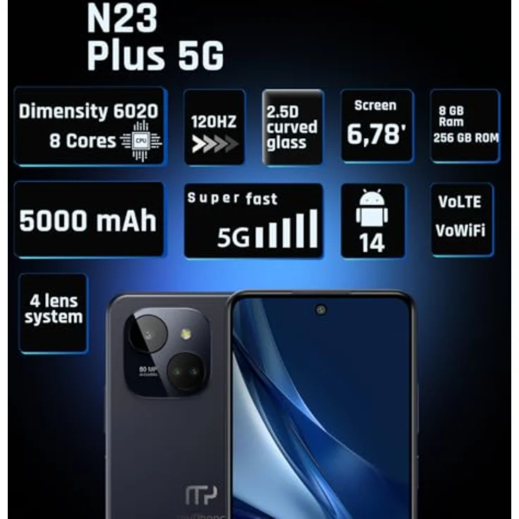 MP myPhone N23 Plus 5G Smartphone NFC Midnight Blue + Akku 5000mah, 50mpx Kamera, FHD+ Display 256 GB, bis zu16GB RAM Android 14, 6'78 Zoll – Bild 2