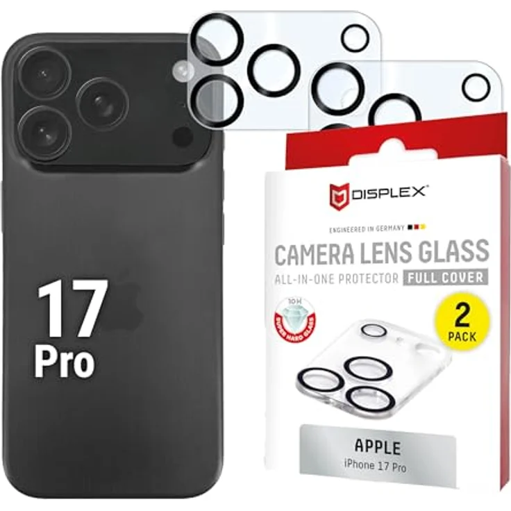 Displex Full Cover Camera Lens Glass für iPhone 17 Pro, 10H Schutzglas, 2 Stück mit Quick Mount, hochtransparente Oberflächenbeschichtung – Bild 1