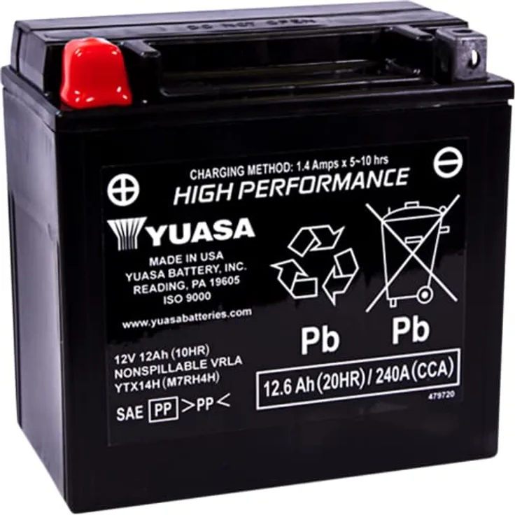 Yuasa YTX14H Motorradbatterie 12V 12Ah, wartungsfrei und hochleistungsfähig für Motorräder und Geländefahrzeuge
