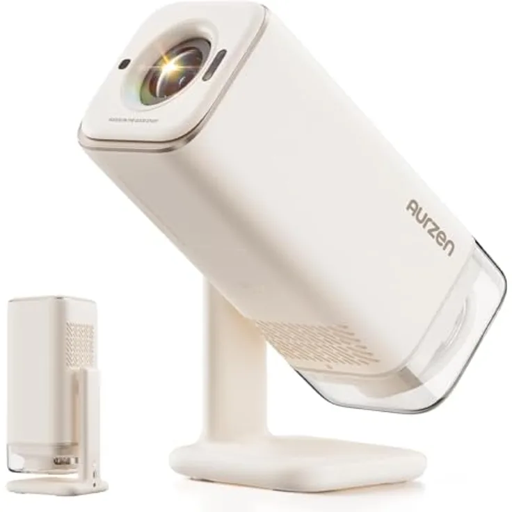 Aurzen Boom Air Mini Beamer, tragbarer Smart Projektor mit Google TV & Netflix, 4K Unterstützung, Dolby Audio, TOF Autofokus, Drehbarer Ständer, Cremeweiß