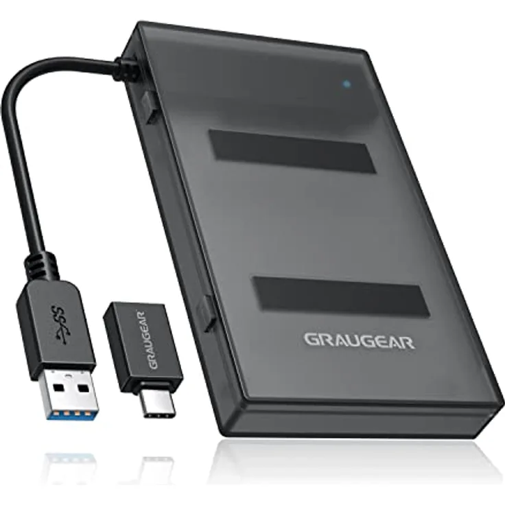 GRAUGEAR | USB-Adapter für 2,5 Zoll SATA SSD/HDD | inkl. USB-C Adapter | mit Schutzbox für Festplatten und Adapter | USB 3.0, UASP | Werkzeuglose Installation | G-2603-AC