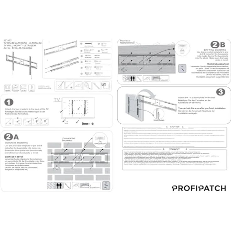 Profipatch TV Halterung Ultraslim, feste Montage für 55-100 Zoll TVs bis 60kg, schwarz – Bild 6