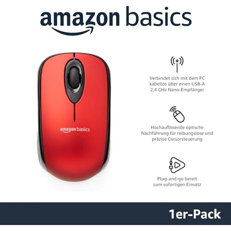 AmazonBasics – Kabellose Computer-Maus mit USB-Nano-Empfänger, Rot – Bild 2