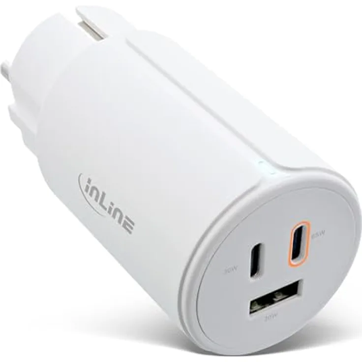 InLine USB Ladegerät 3-Port, PD3.0, QC 3.0, 65W, GaN Technologie, für MacBook Pro/Air, iPhone/Pro/Mini, iPad Pro, Pixel, weiß