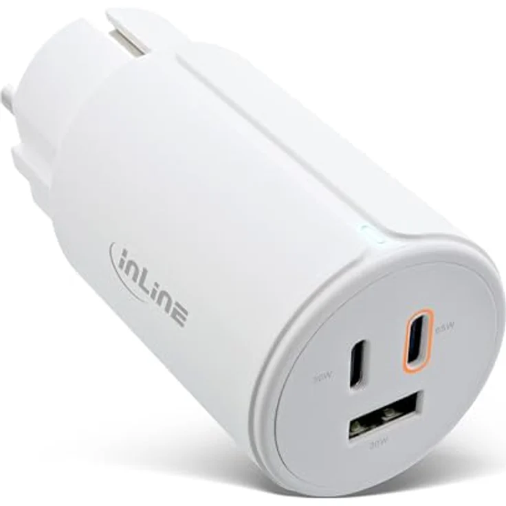 InLine USB Ladegerät 3-Port, PD3.0, QC 3.0, 65W, GaN Technologie, für MacBook Pro/Air, iPhone/Pro/Mini, iPad Pro, Pixel, weiß – Bild 1
