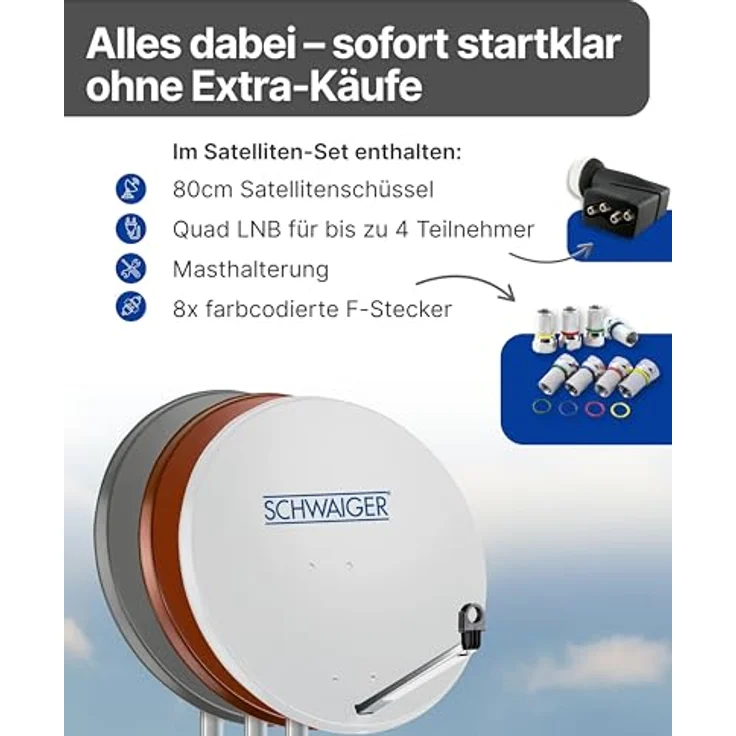 Schwaiger Satellitenanlage Set, hellgrau, 75 cm Offset Antenne mit Quad LNB für bis zu 4 Teilnehmer – Bild 3