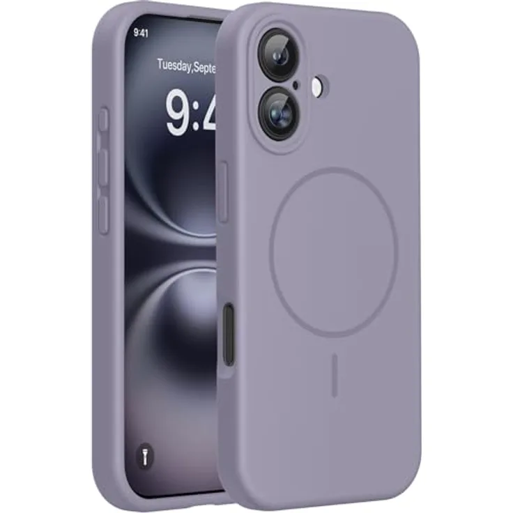 miracase iPhone 16 Hülle, Flüssig Silikon mit stoßfestem Fallschutz, kratzfestem Mikrofaser-Innenfutter, kompatibel mit MagSafe, Lavendel Grau