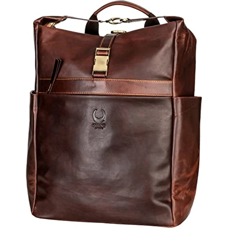 Corno d´Oro Handgefertigter Leder Rolltop Rucksack Braun Groß bis 25l für 17 Zoll Laptop Vintage Backpack – Bild 1