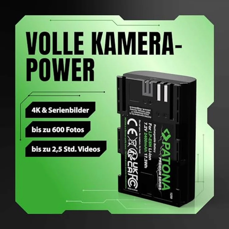 PATONA Premium Akku LP-E6N, 2400mAh Ersatzakku für Canon EOS R5 R6 5D Mark II III IV, 60D 70D 80D 90D, 100% kompatibel, hohe Leistung und Sicherheit – Bild 2