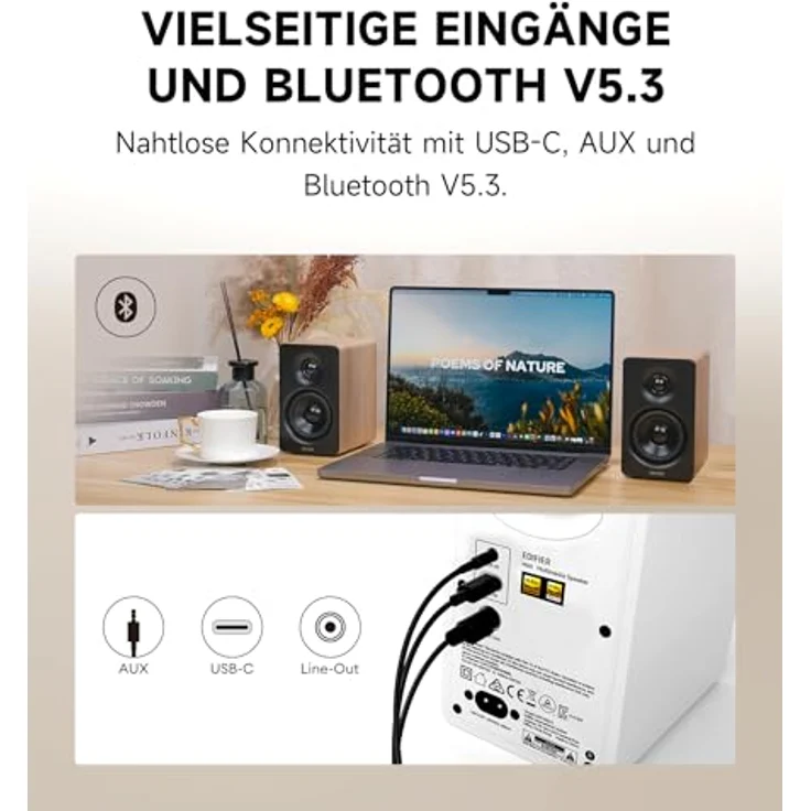 Edifier M60 Multimedia-Lautsprecher Bluetooth 5.3, 66W RMS, Hi-Res Audio & Hi-Res Wireless Audio, LDAC, 3" Mittelbass & 1" Hochtöner, USB-C & Aux-Eingänge, Kompakter Desktop Lautsprecher - Klasse Oak – Bild 5