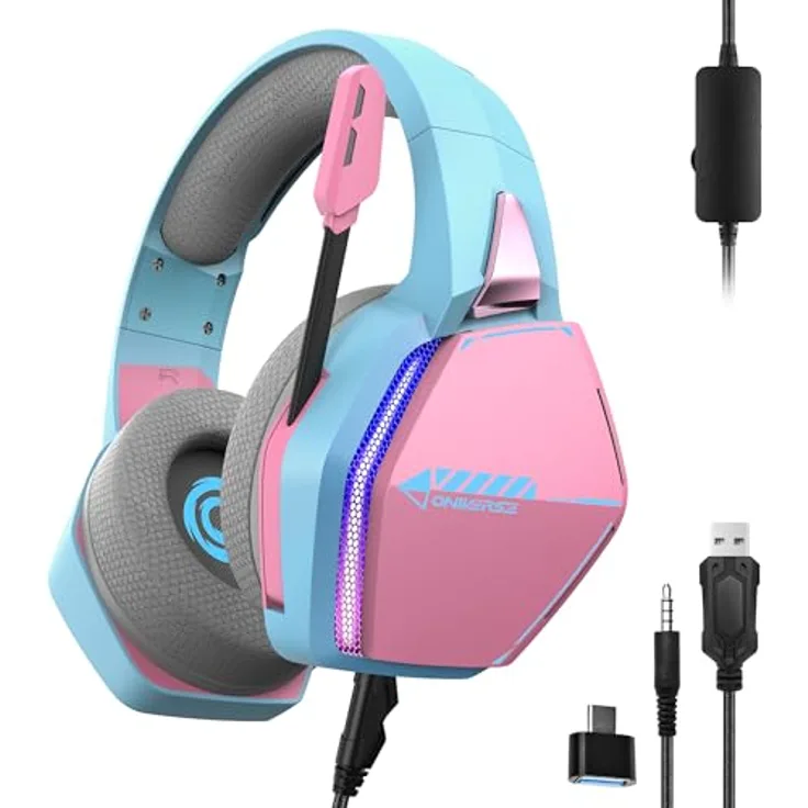 Oniverse Gaming-Headset PS5 PS4 Switch Xbox PC Mac mit verstellbarem Mikrofon, LED, Lautsprecher 50 mm, Ohrpolster aus atmungsaktivem Stoff, kabelgebunden, Nebula (Diva Pink/Rosa)